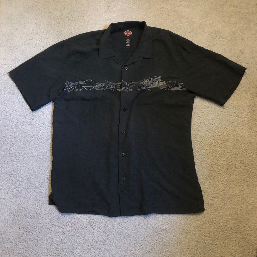 Vtg 90s Harley Davidson Black Button Up Shirt XL Flame Graphic Motorcycle Biker
